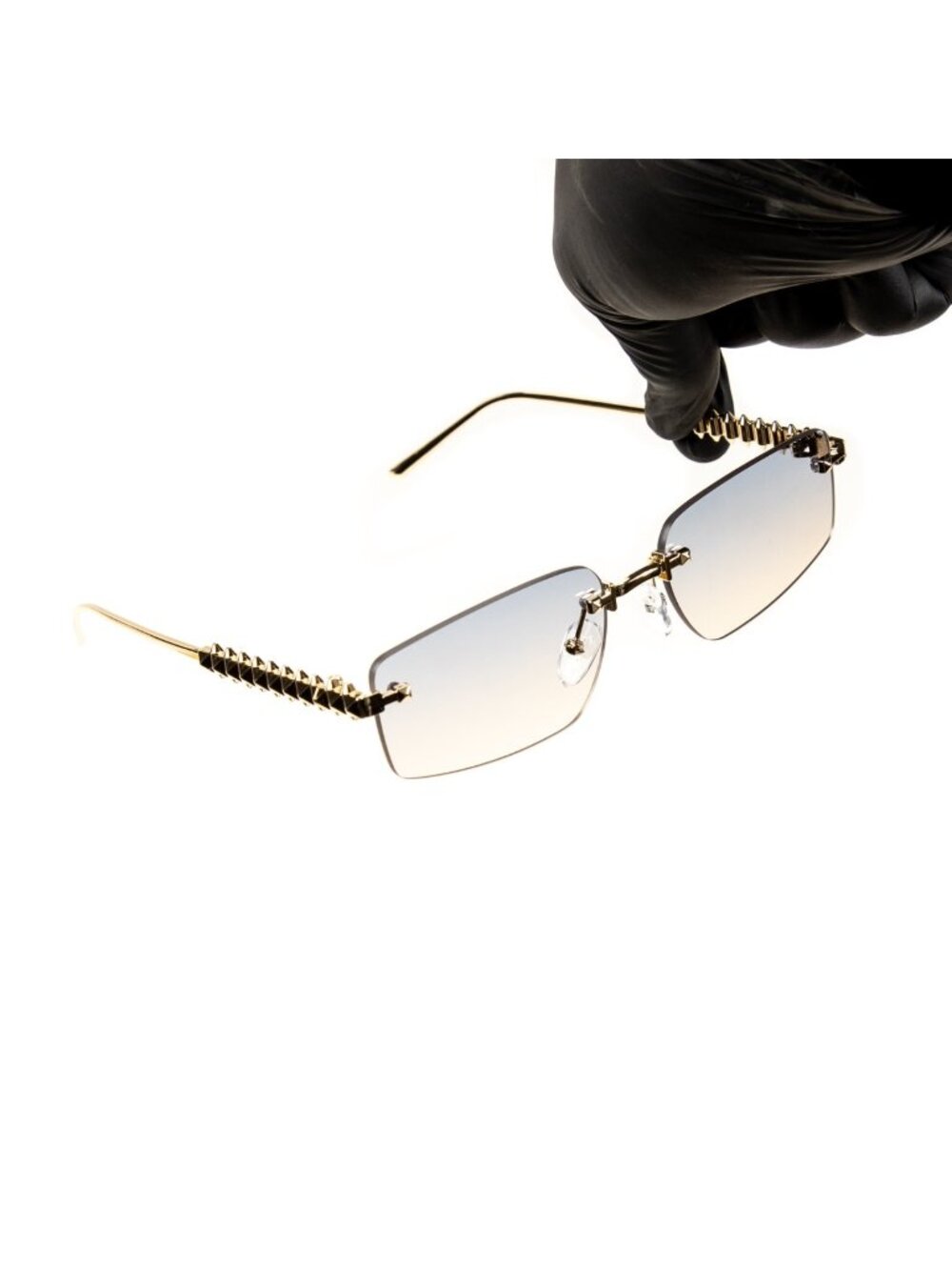 Men's Hip Hop Rimless Spiked Wire Gold Frame Grey & Tan Gradient Tint Sunglasses